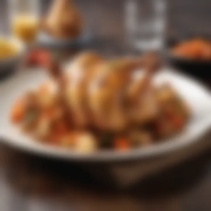 A plated chicken dish garnished elegantly