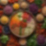 A vibrant spread of plant-based ingredients including fresh vegetables, grains, and legumes