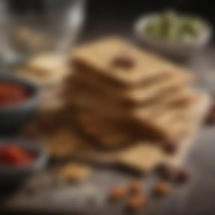 An elegant presentation of seed crackers next to a dip