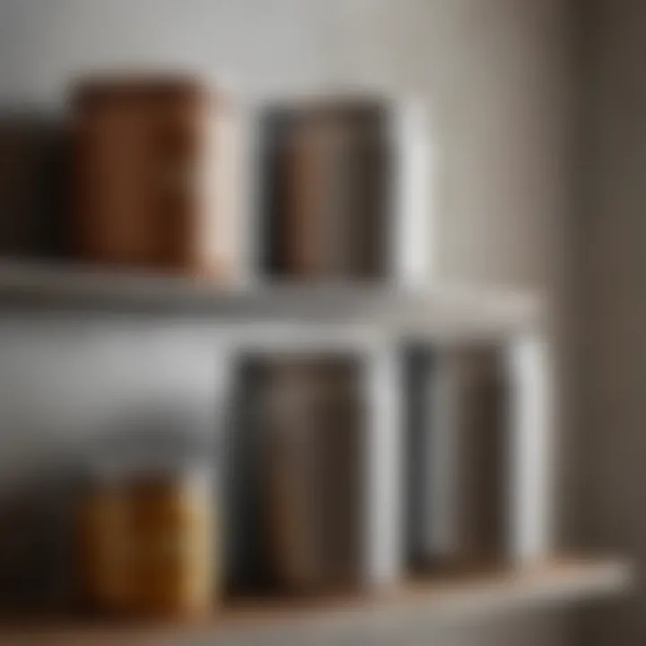 Stylish metal storage jars arranged on a kitchen shelf