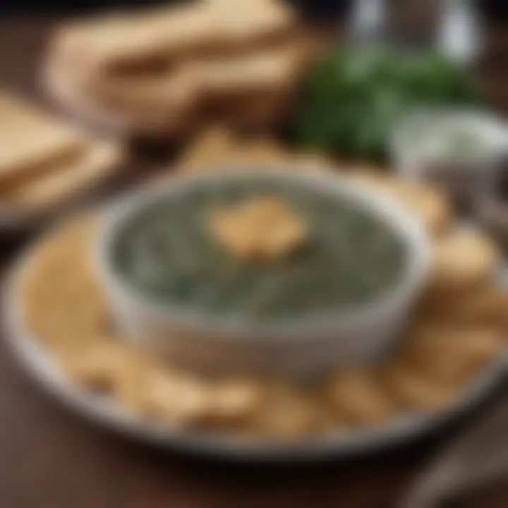 A stylish presentation of cold spinach dip with crackers