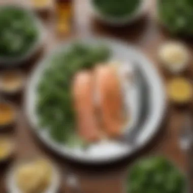 Wholesome Marine Protein Options An elegant display of fish fillets and leafy greens on a dining table, illustrating wholesome protein options.