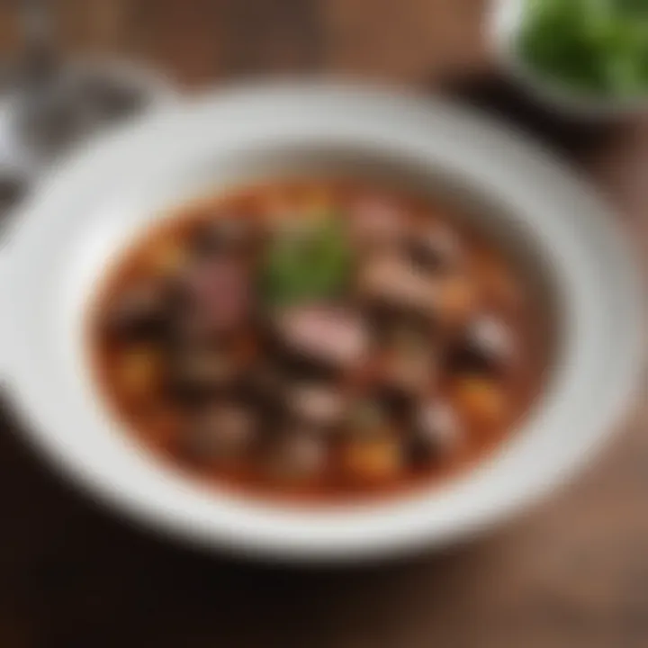 A creative plating of Armor Beef Stew garnished with herbs, reflecting modern culinary artistry