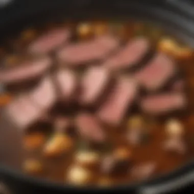 Tender Beef in Savory Broth Close-up of tender beef pieces simmering in savory broth