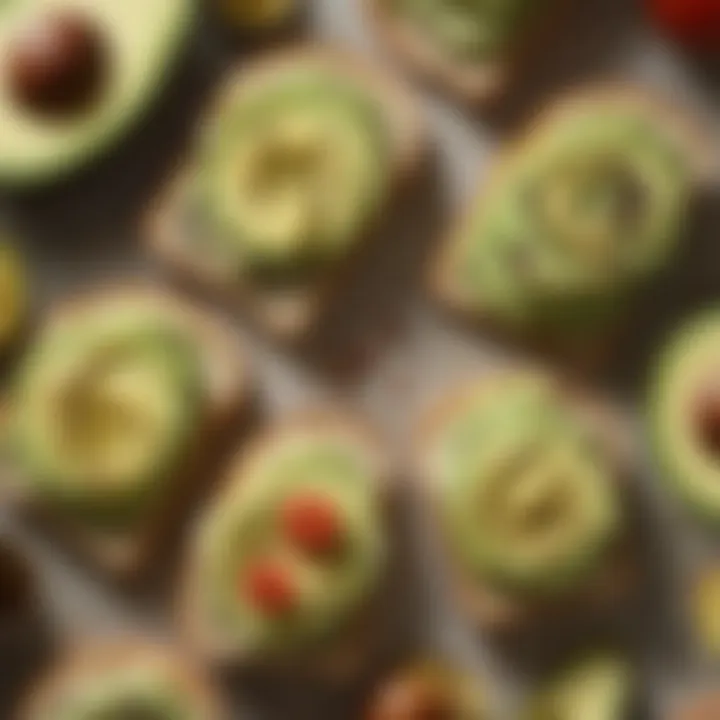 An artistic arrangement of various artisan bread types alongside fresh avocados and toppings.