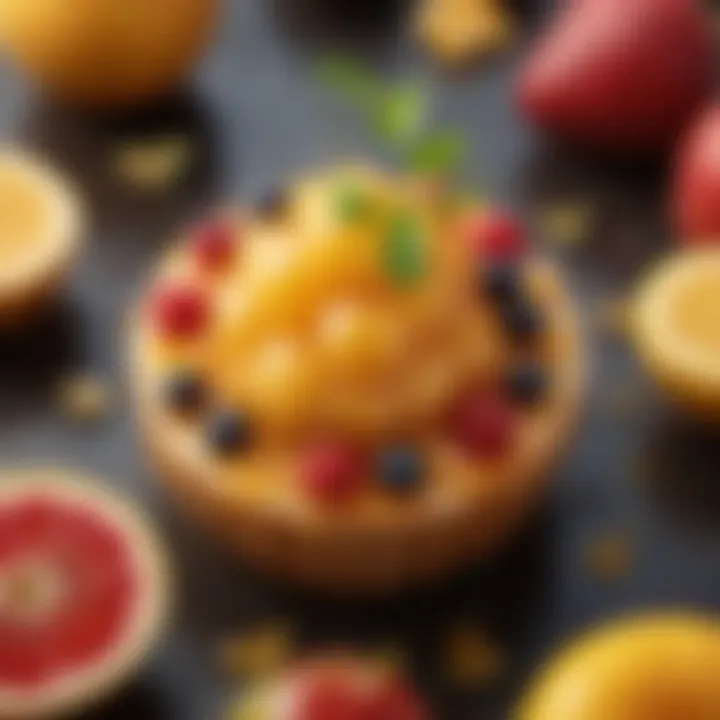 A vibrant array of fruits topped with a glaze of honey