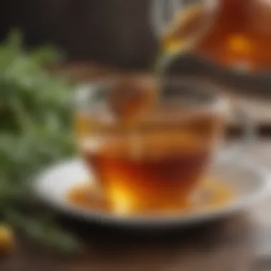 A spoonful of honey being drizzled into a cup of herbal tea