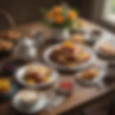 Inviting Breakfast Setting with Baileys French Toast An inviting breakfast table set with Baileys French toast, fresh fruits, and a cup of coffee.