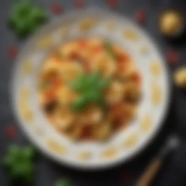 A beautifully arranged plate of tortellini garnished with basil and cheese, ready to serve.