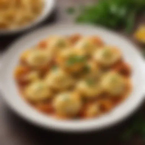 A comforting dish of baked tortellini topped with melted cheese and herbs.