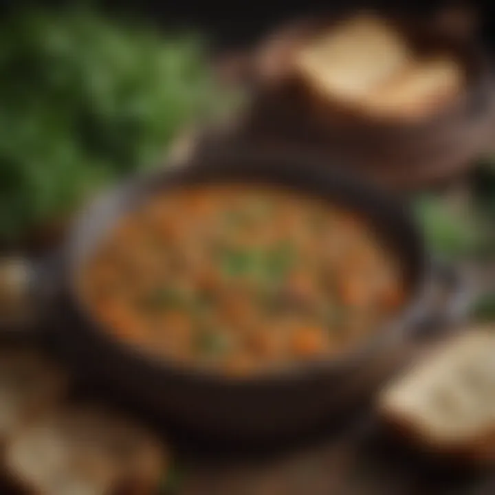 Lentil stew simmering in a rustic pot, garnished with herbs