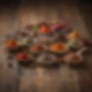A variety of spices used in barbecue seasoning displayed on a rustic wooden table.