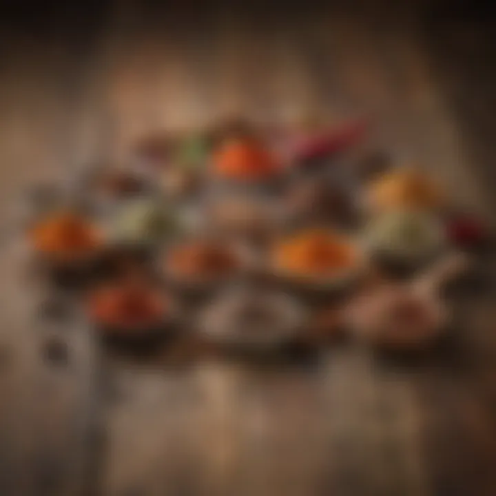 A variety of spices used in barbecue seasoning displayed on a rustic wooden table.