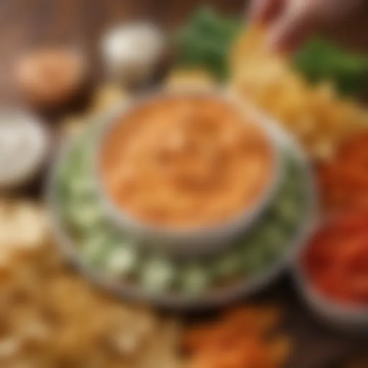 A spread of buffalo chicken dip with an array of crunchy vegetables and chips for dipping