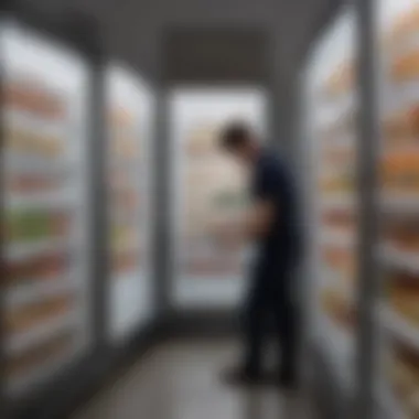 A person performing routine maintenance on an upright deep freezer.