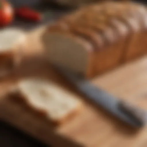 A finely serrated bread knife resting on a wooden cutting board, showcasing its blade design.