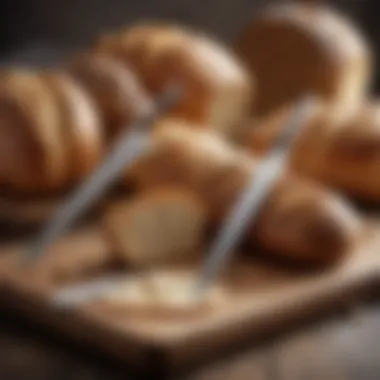 A selection of various bread knives displayed alongside a loaf of artisanal bread.