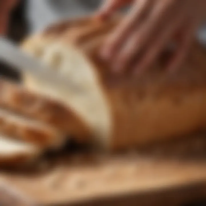 A close-up view of bread being sliced effortlessly with a sharp bread knife.