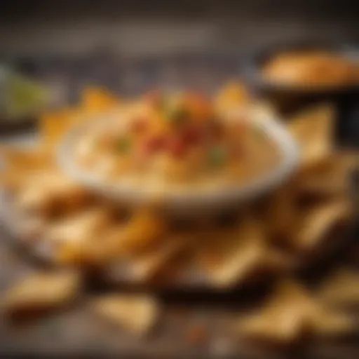 Creamy nacho cheese sauce drizzled over crispy tortilla chips