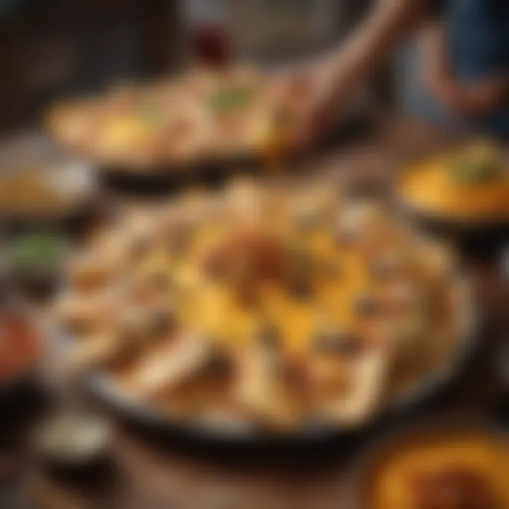 A gathering of friends enjoying nachos with cheese sauce