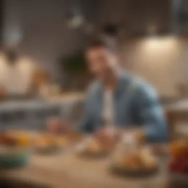 A busy individual enjoying a convenient meal delivery service
