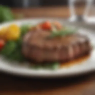 A beautifully grilled steak plated with fresh herbs.