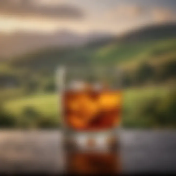 Rich amber whiskey poured into a crystal glass with a backdrop of lush Irish landscapes.