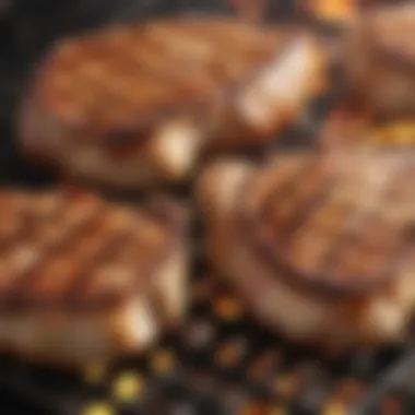 Close-up of perfectly grilled pork chops on a barbecue grill