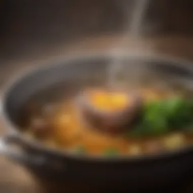 A pot simmering with aromatic ingredients for broth