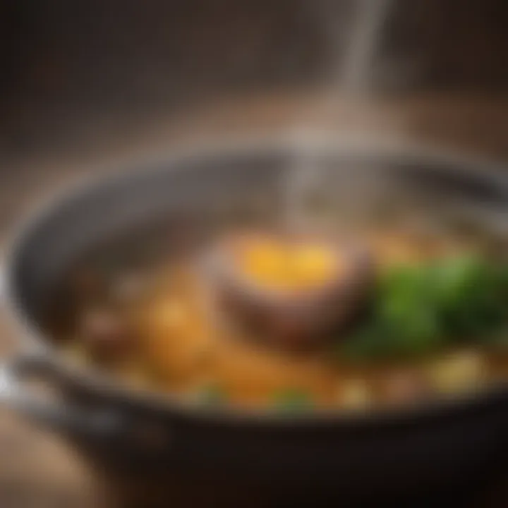 A pot simmering with aromatic ingredients for broth