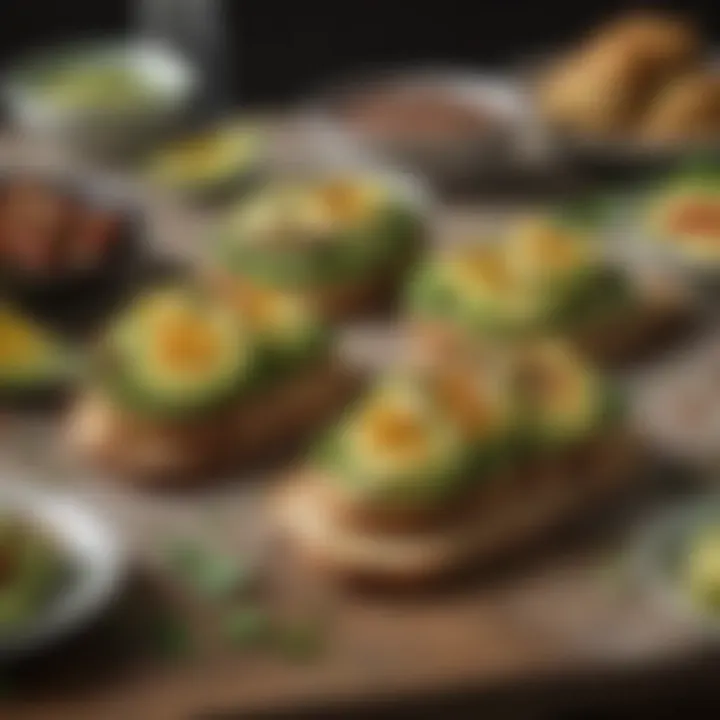 A beautifully styled brunch table featuring an array of gourmet avocado toast variations.