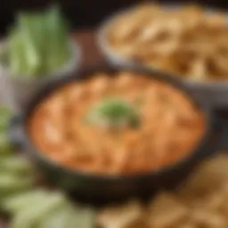 A bowl of creamy buffalo chicken dip garnished with green onions