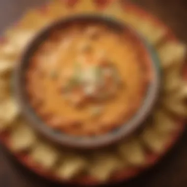 Buffalo chicken dip served in a colorful dish with tortilla chips
