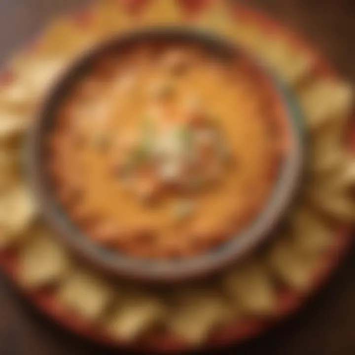Buffalo chicken dip served in a colorful dish with tortilla chips