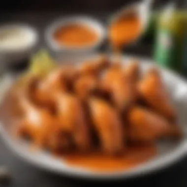 A vibrant bowl of homemade buffalo chicken sauce poured over crispy chicken wings.