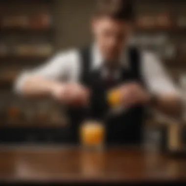 A bartender skillfully pouring Bulleit Whiskey into a shaker