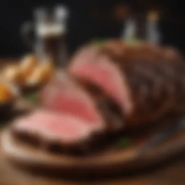Exquisite Prime Rib Presentation Juicy prime rib roast displayed on a rustic wooden board