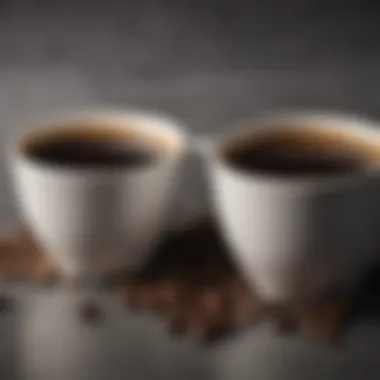 A side-by-side comparison of brewed light roast and dark roast coffee in elegant cups