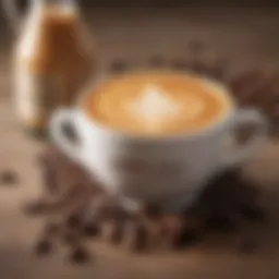 A close-up of a bottle of cappuccino flavored syrup with coffee beans in the background