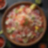 A vibrant plate of ceviche showcasing fresh ingredients and colorful garnishes