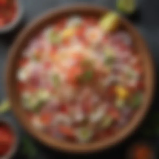A vibrant plate of ceviche showcasing fresh ingredients and colorful garnishes