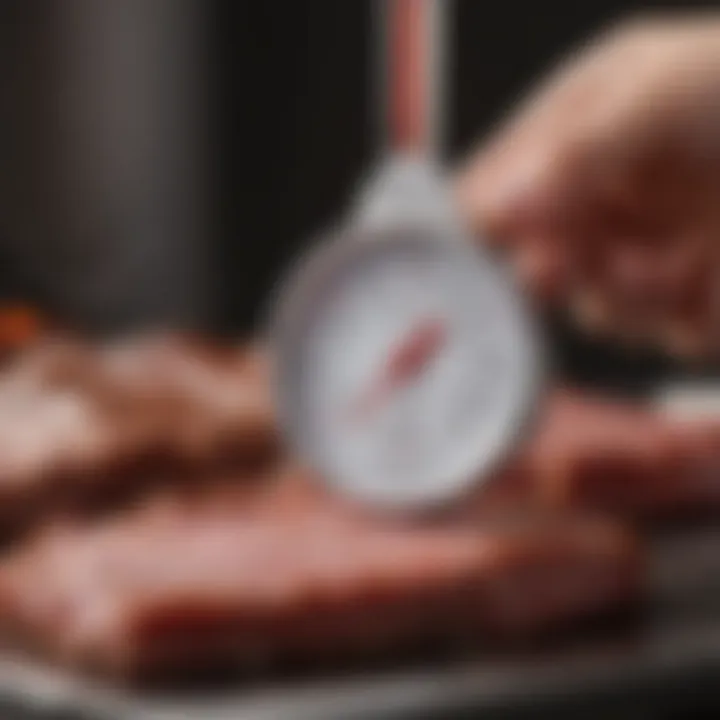 A thermometer being used to check the doneness of meat