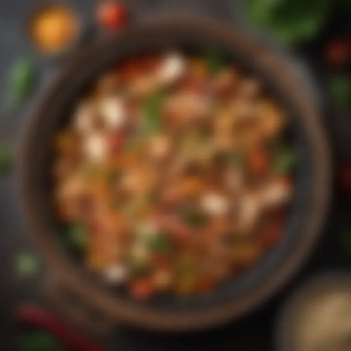 A colorful stir-fry featuring diced chicken and vegetables
