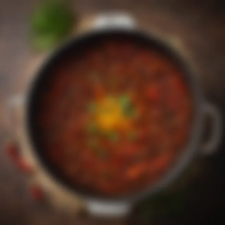 An overhead view of simmering chili in a pot with aromatic herbs