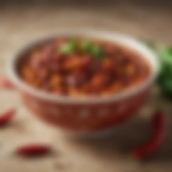 A vibrant bowl of chili with a variety of spices and beans