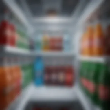 Chilled bottles of soda and water arranged in a refrigerator, highlighting ideal temperature settings for storage