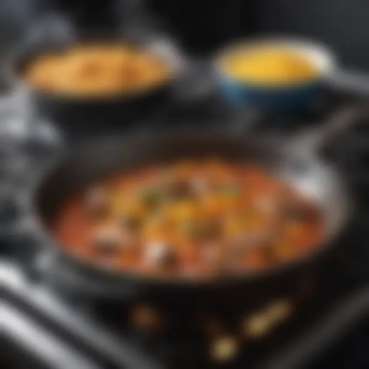 A close-up of a seasoned skillet on a stove, representing the skill and technique involved in creating delicious dinner dishes.