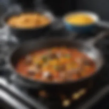 Skillful Techniques in Meal Preparation A close-up of a seasoned skillet on a stove, representing the skill and technique involved in creating delicious dinner dishes.