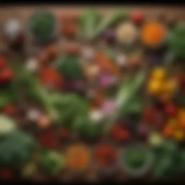 Diverse Ingredients for Dinner Choices A vibrant array of fresh vegetables and herbs arranged artfully on a wooden table, symbolizing choices in dinner ingredients.