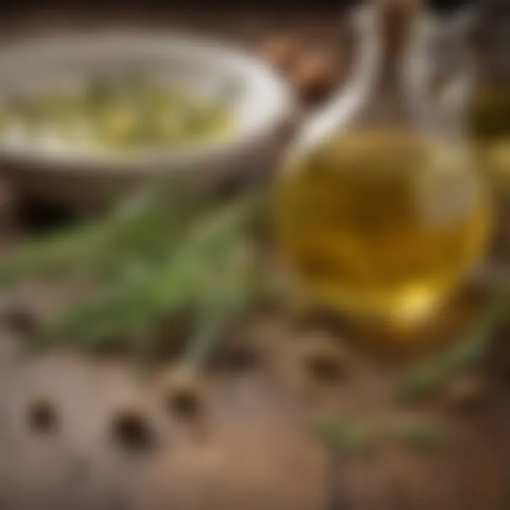 A close-up of buttery olive oil with fresh herbs and spices